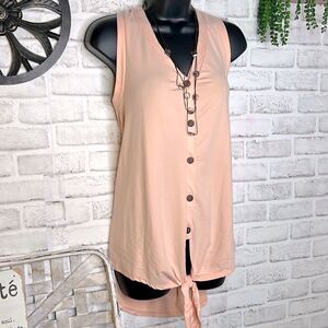 Reborn J Peach Button Down Tie Tank Top Shirt Size Small Medium Hi Lo Boho